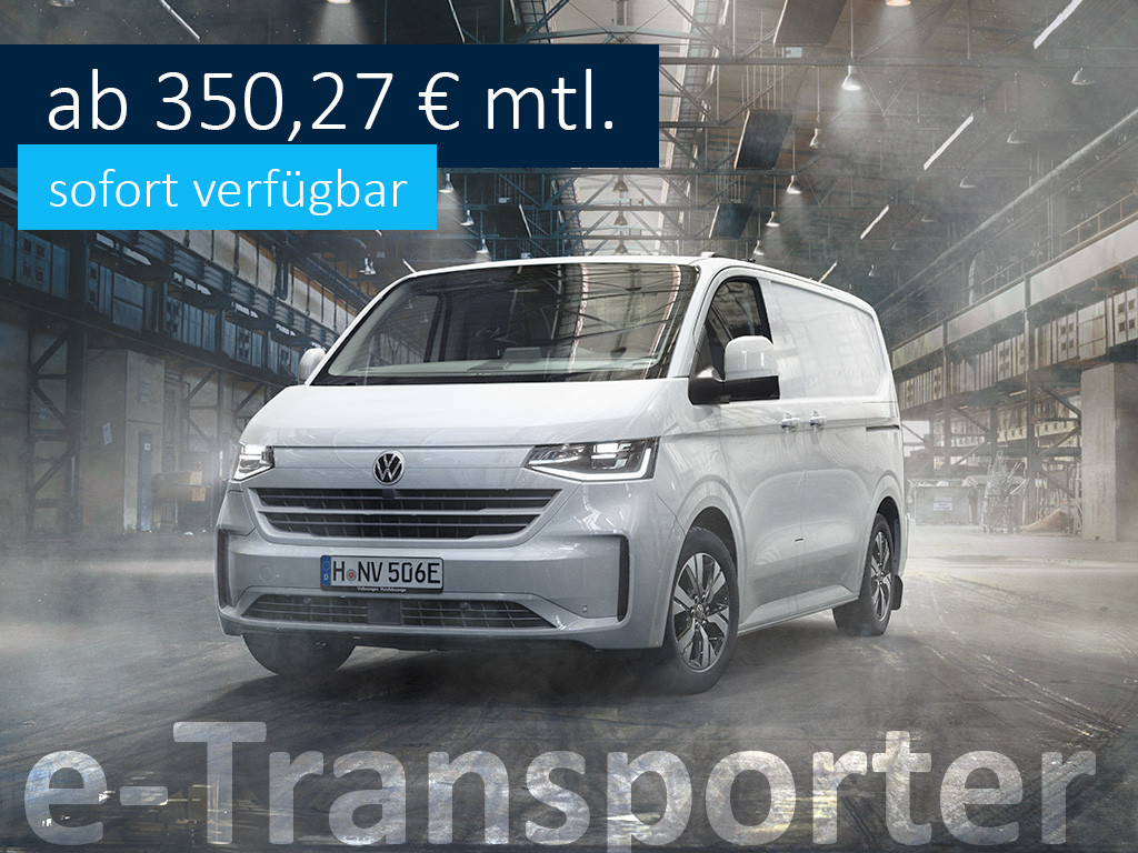 VW e-Transporter Weiß in einer Werkshalle. Ab 350,27 € mtl. Sofort verfügbar.