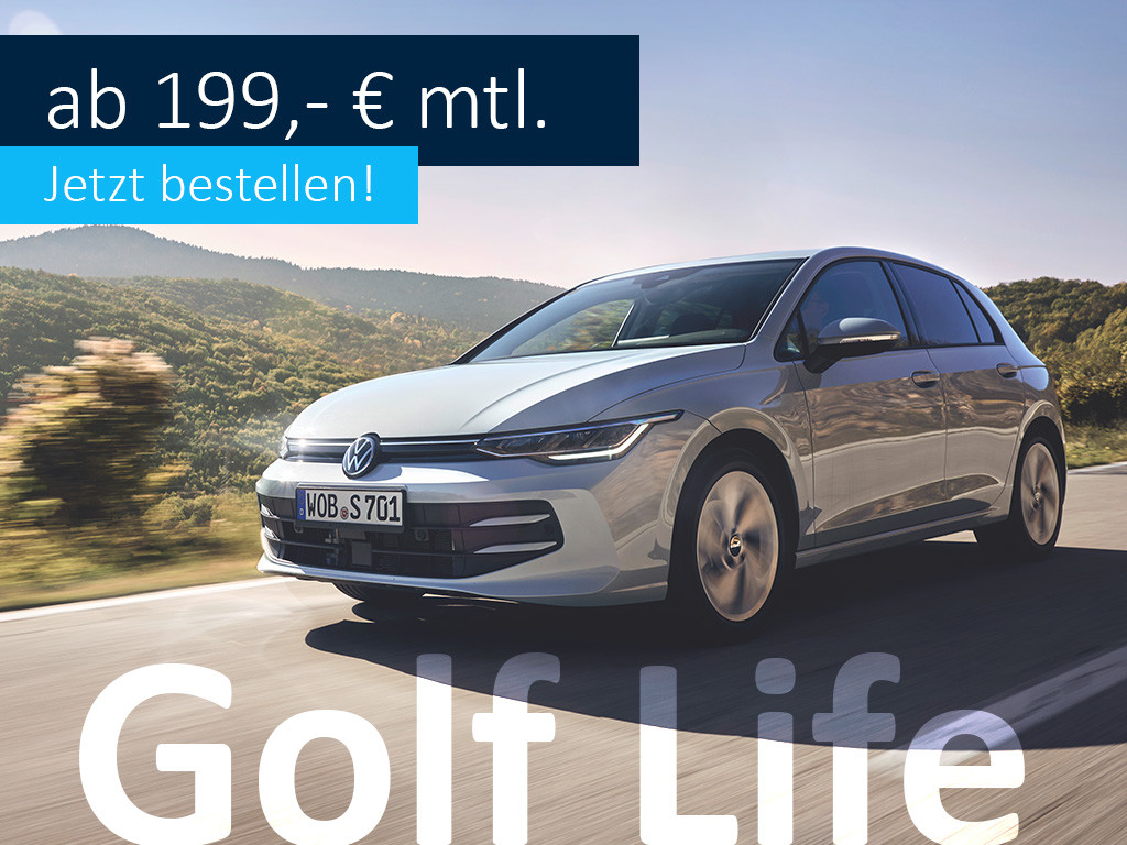 Golf Life in Grau fährt auf einer Landstraße. Ab 199, - Euro leasen, jetzt bestellen!