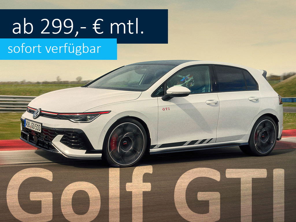 VW Golf GTI in Weiß fährt auf einer Rennstrecke. Ab 299, - leasen, sofort verfügbar!