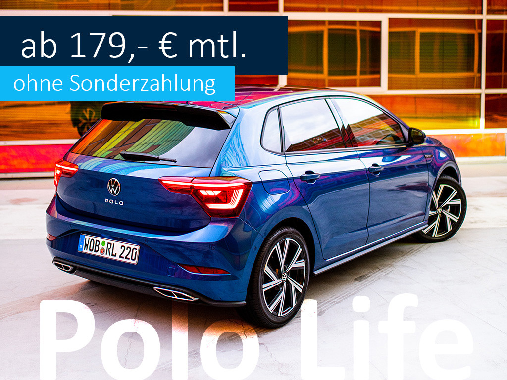 VW Polo Life in Blau, Heckansicht. Ab 179, - mtl leasen, ohne Sonderzahlung!