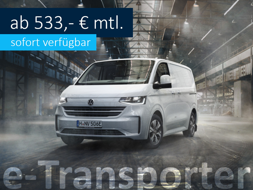 VW e-Transporter in weiß. Ab 533,- € mtl. Sofort verfügbar.